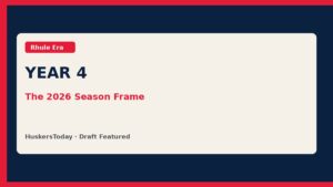 Editorial Year 4 season frame graphic in scarlet and cream